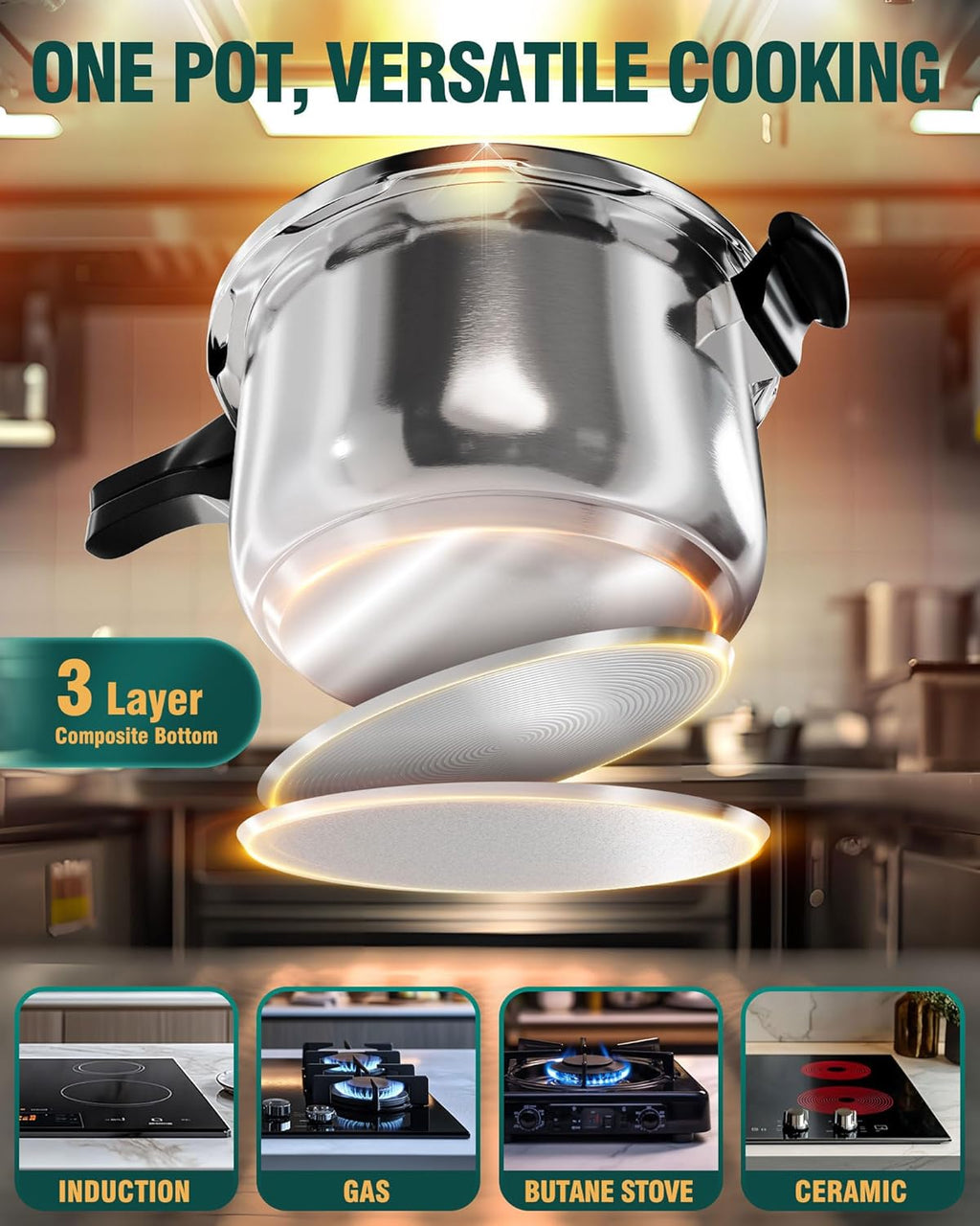 WantJoin Stainless Steel Pressure Cooker - 10 Quart Induction Compatible with Spring Valve Safety Features