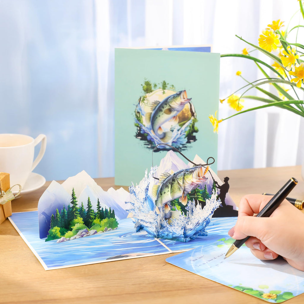 Pop Up Birthday Card Fishing, 3D Bass Fishing Popup Card For Husband, Dad, Men, Husband, Son, Brother, Grandpa, Fisherman Gift; All-Occasion Father's Day, Birthday, Outdoor, Thank You, Retirement