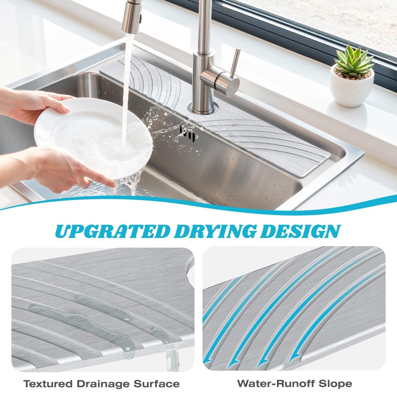 SpaceHacks Stone Faucet Mat for Kitchen Sink - Fast Drying Diatomite Stone Drying Mat, Textured Drainage Sink Protector, Water Splash Guard with Base Pads for Bathroom Counter (23.7x4 in, Light Gray)