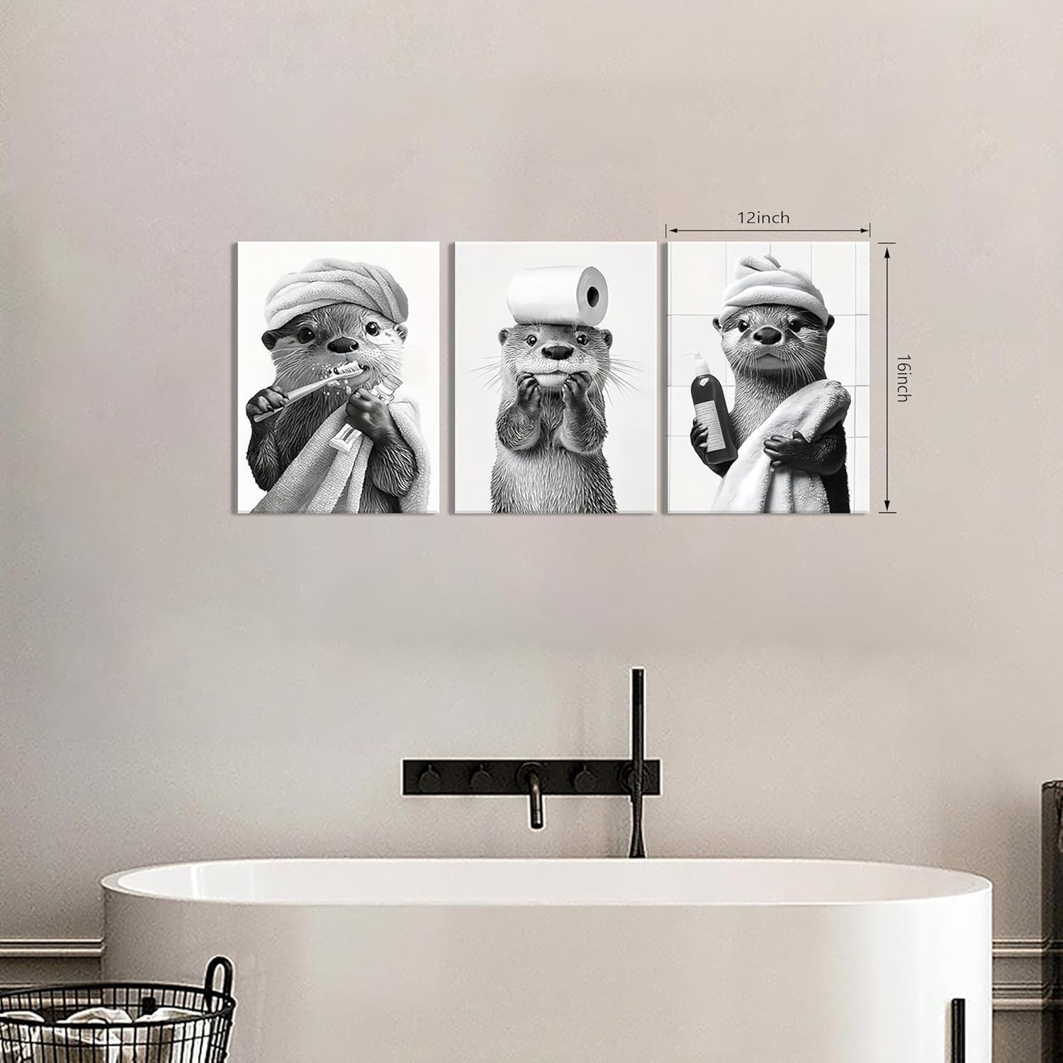 Otter Canvas Wall Art Set by Cute Bathroom | Funny Black and White Decor for Restroom | Ready to Hang 12x16 Inch