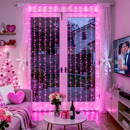 JMEXSUSS 300 LED Curtain Lights - Pink String Lights with Remote for Bedroom & Party Decor | 9.8x9.8ft
