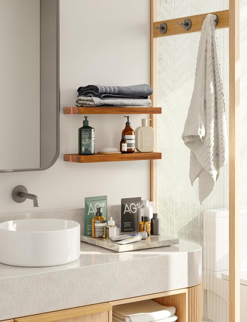 BATODA 17" Acacia Wood Floating Shelves - Rustic Wall-Mounted Storage for Bedroom & Kitchen | Includes Brackets
