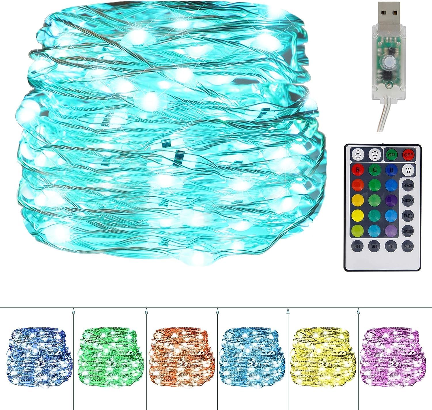 Twinkle Star Color-Changing Fairy Lights - 33Ft 100 LED Waterproof Mini String Lights | 16 Colors USB Silver Wire for Bedroom, Garden, Party, Wedding, Christmas Decor