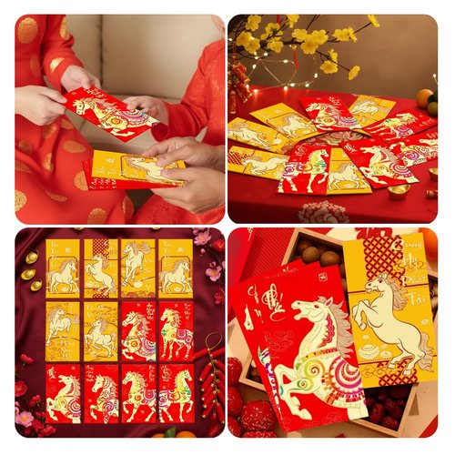 Wollmix Tet Vietnamese Lunar New Year Decorations 2026 Chuc Mung Nam Moi Lien Treo Trang Tri 3 Pieces Banner Red Hanging Couplets with 12 Red Envelopes