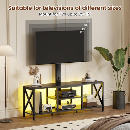 Flycity TV Stand with Mount and LED Lights, Universal TV Stand Mount for 32-75 inch TV, Entertainment Center with Storage, Metal TV Console Table Height Adjustable TV Stands for Living Room, Black