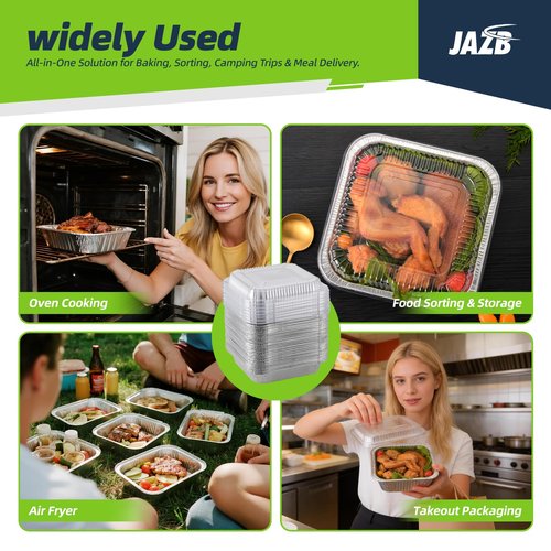Jazb 8x8 Square 40PCS Aluminum Foil Pans with Clear Plastic Lids - Foil Pans with Lids - Disposable Baking Pans for Storing, Prepping Food, Cooking