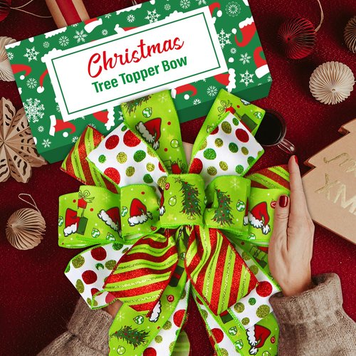Wninbu Christmas Tree Topper Bow Wreath, 44 x 13 Inches Large Green Bow Tree Topper,Christmas Wreath for Tree Indoor/Outdoor Christmas Decoration