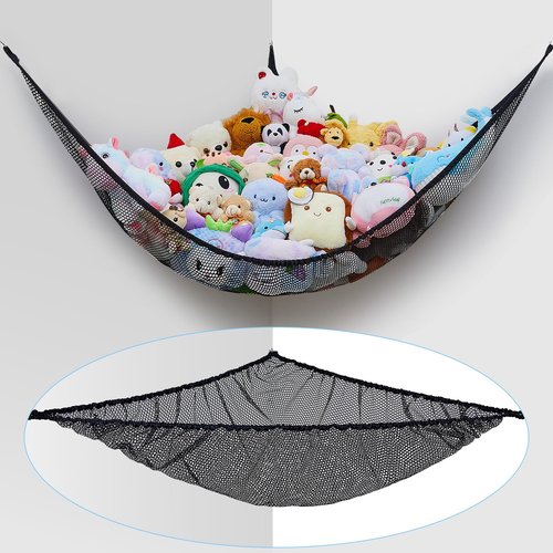 FIOBEE Stuffed Animals Net or Hammock Toy Storage Organizer Toy Hammock Net Bedroom Decor Hanging Storage with Hooks for Girl Kids Playroom Nursery, Black