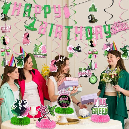 Witch Party Decorations Pink and Green Happy Birthday Banner Hanging Swirls and Honeycomb Centerpieces Witch Theme Party Decorations for Girls Women Birthday Party Supplies