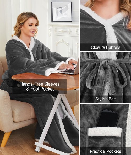 Electric Heated Blanket - Wearable Heated Blanket Throw with Foot Pockets, Sleeves Flannel & Sherpa Wearable Blanket 8 Heating Levels & Timer Snuggle Blankets for Home Office -50*60" Robes for Women