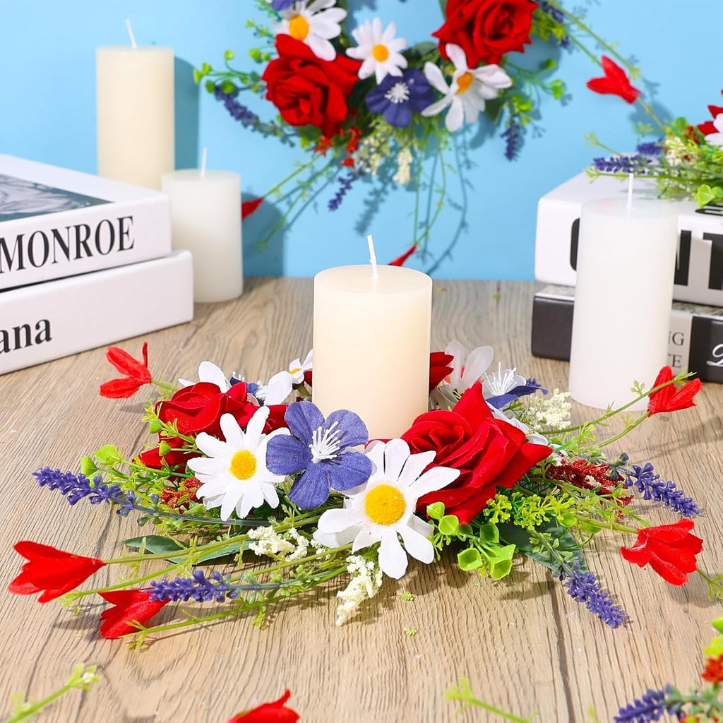 Veterans Day Candle Rings - 4 Pcs Red, White & Blue Mini Floral Wreaths for Patriotic Decor