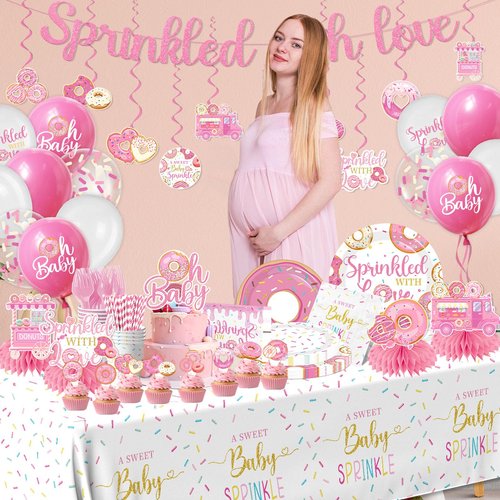 Baby Sprinkle Decorations for Girl, Sprinkled with Love Baby Shower Supplies Donut Plates Napkins Cups Tablecloth Banner Cake Topper, Honeycomb Centerpieces for Pink Donut Baby Shower Decorations