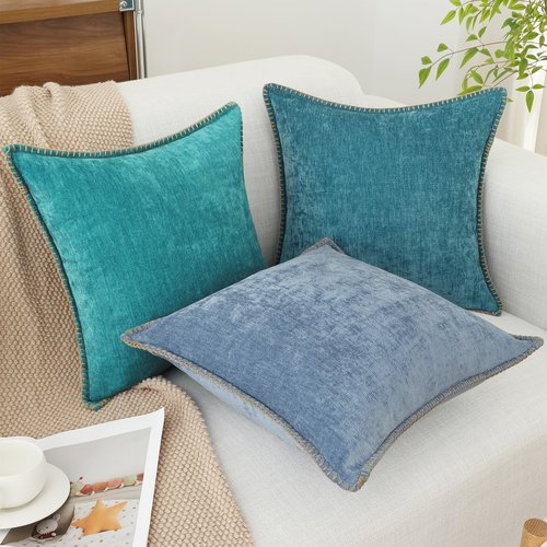 decorUhome Spring Chenille Soft Cozy Throw Pillow Covers 18x18 Set of 2, Modern Farmhouse Boho Velvet Decorative Pillow Cases with Stitched Edge for Couch Sofa Bed Home Decor, Blue