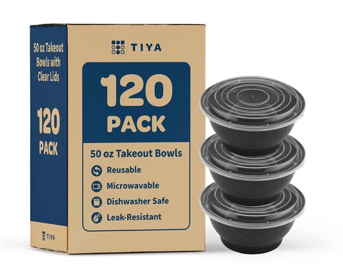 TIYA Food Containers - 50 oz Bulk 120 Pack with Lids - Plastic Bowl To-Go Containers - Reusable, Microwavable, Dishwasher Safe - Leak-Resistant for Soups & Meal Prep - BPA-Free