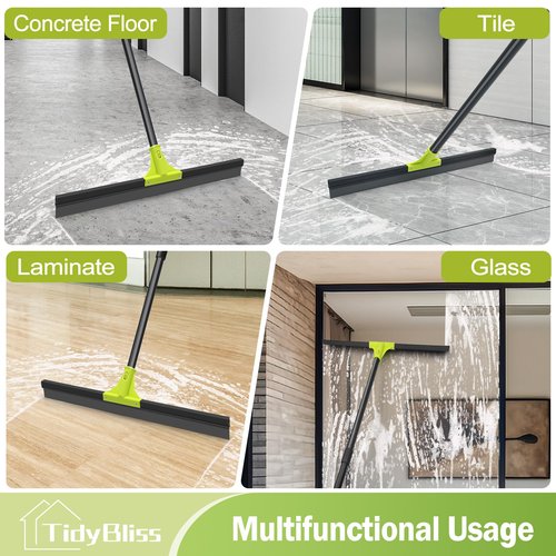TidyBliss Floor Squeegee Heavy Duty, 24” Rubber Foam Water Scraper Broom, Epoxy Wiper Mop with 62 inches Long Handle for Cleaning Concrete Pool Rug Garage Deck Shower Window Outdoor Indoor (Green)