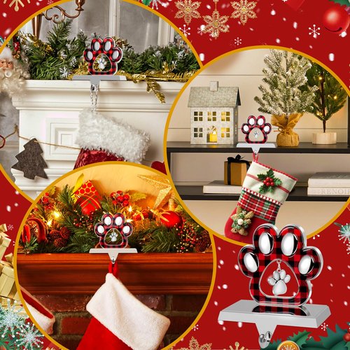 Adecortalk Dog Paw Christmas Stocking Holder with Pendant for Mantel 3D Sliver Metal Pet Paw Stocking Hanger Mantel Buffalo Plaid Stocking Holder for Dog Lover Xmas Fireplace Mantel Table Decorations