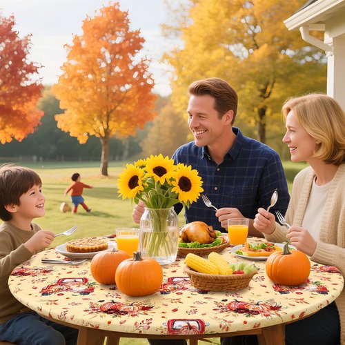 misaya Round Fitted Tablecloth with Elastic Edge, 100% Waterproof Oil Proof Plastic Table Cover, Vinyl Flannel Backed Tablecloth Fits 36"-44" Round Tables for Fall, Thanksgiving, Pumpkin Truck