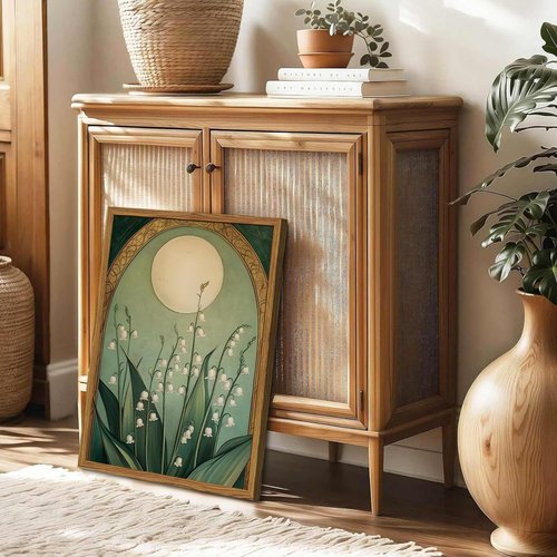 Framed Vintage Lily of the Valley Wall Art - Moody Boho Floral Canvas Print | Emerald Green 12x16in