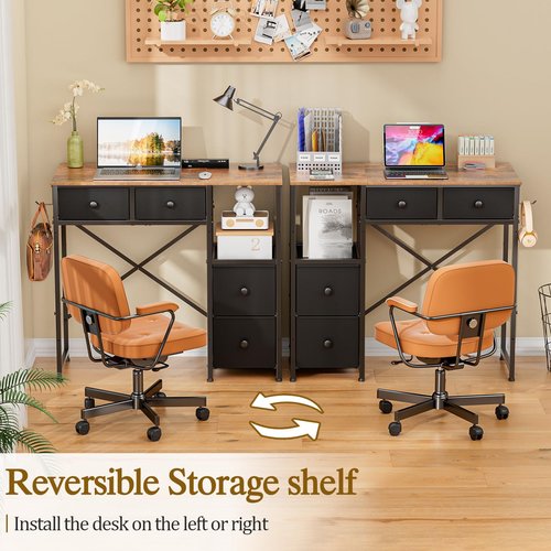 3IngSeagulls Small Computer Desk with 4 Fabric Drawers, Simple Writing Desk for Home Office, Compact Study Desks for Small Spaces, Kids Desk Study for Bedroom, Rustic Brown