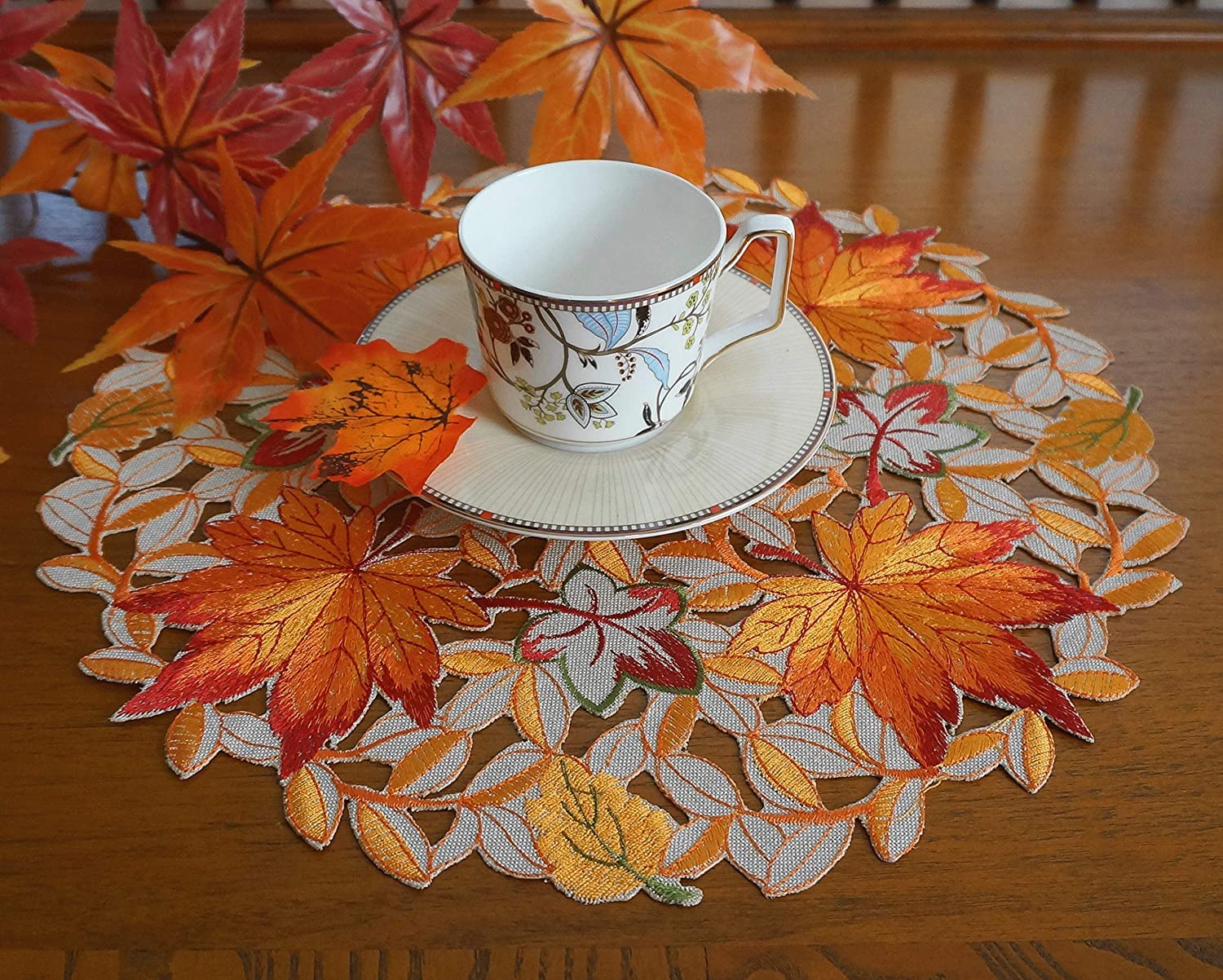 GRANDDECO Thanksgiving Harvest Table Runner Embroidered Cutwork Maple Leaves Dresser Scarf Table Cover Autumn Or Fall Decorations (Placemat 14" Set of 2)