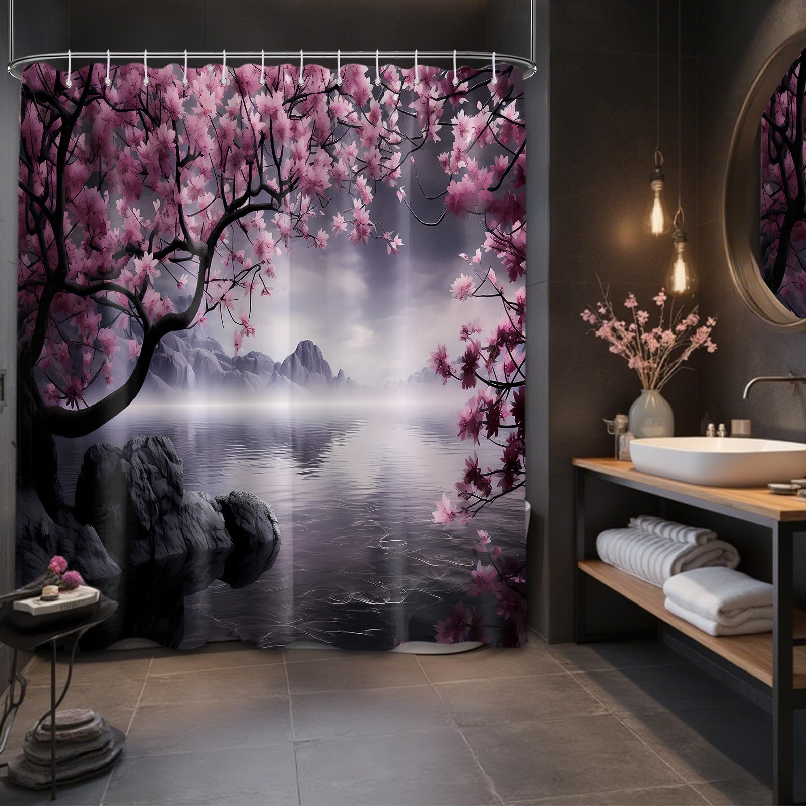 Yieldeer Japanese Shower Curtain Asian Cherry Blossom Bathroom Decor Mountain Bath Curtain, Waterproof Cloth Fabric with Hooks, 70x72 inch