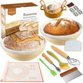 Banneton Bread Proofing Basket, XOHUYD Sourdough Bread Baking Supplies, 9" Round Sourdough Starter Kit, Bread Baking Supplies with Sling, Baking Mat, Natural Rattan Proofing Baskets Set of 2