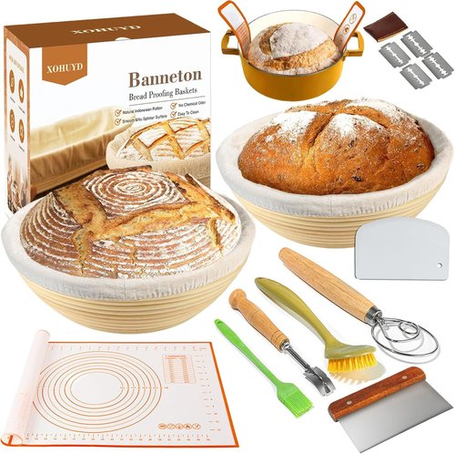 Banneton Bread Proofing Basket, XOHUYD Sourdough Bread Baking Supplies, 9" Round Sourdough Starter Kit, Bread Baking Supplies with Sling, Baking Mat, Natural Rattan Proofing Baskets Set of 2