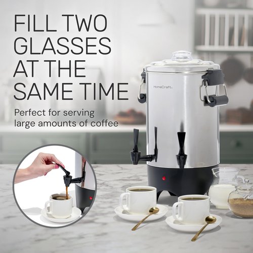 HomeCraft 45-Cup Coffee Urn and Hot Beverage Dispenser with Double Dripless Faucet, Quick-Brewing, Stainless Steel
