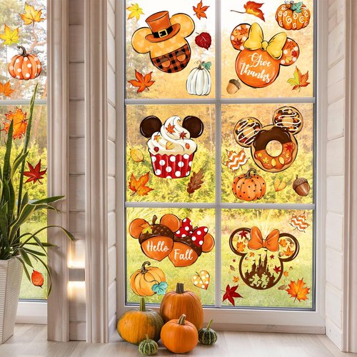Fall Window Clings Decorations Mouse Shaped, 80pcs Thanksgiving Pumpkin Maple Leaves Window Decals Double-Sided Window Stickers for Autumn Fall Harvest Party Home Decor