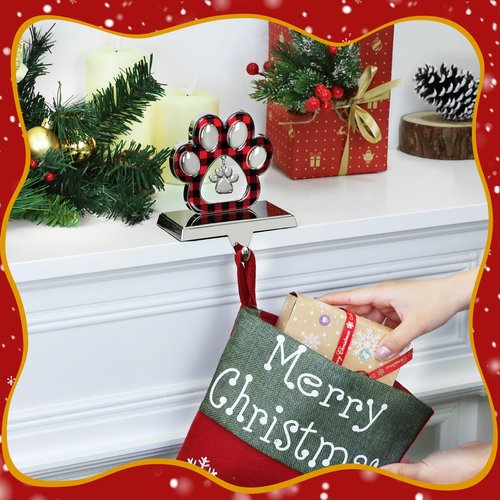 Adecortalk Dog Paw Christmas Stocking Holder with Pendant for Mantel 3D Sliver Metal Pet Paw Stocking Hanger Mantel Buffalo Plaid Stocking Holder for Dog Lover Xmas Fireplace Mantel Table Decorations