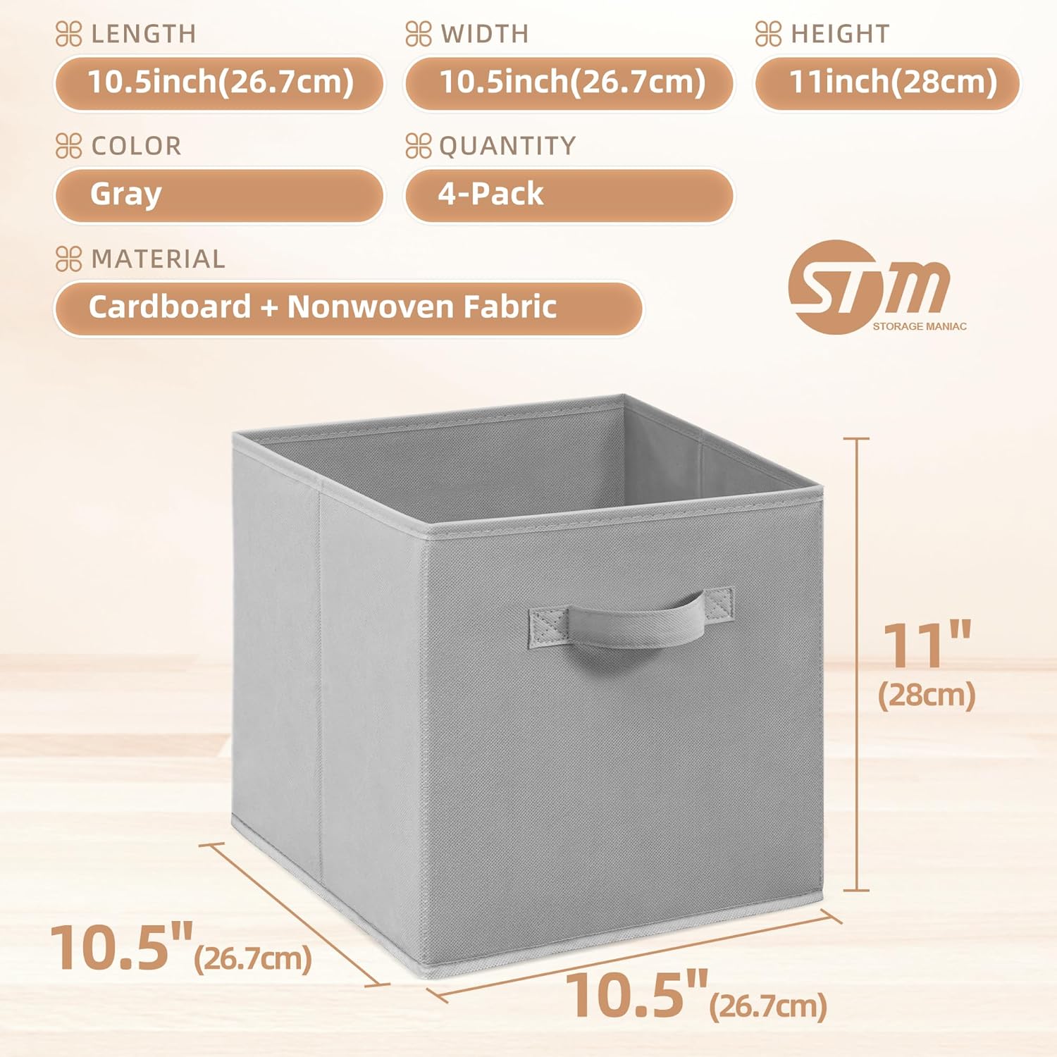 Storage Maniac Storage Cubes - 11-Inch Collapsible Bins with Handles | Durable 4-Pack Grey Fabric Organizers