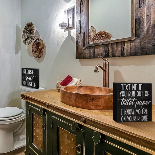 Jetec Farmhouse Bathroom Signs - Rustic Wooden Plaque Decor | Funny "Please Seat Yourself" Wall Art (Set of 2)
