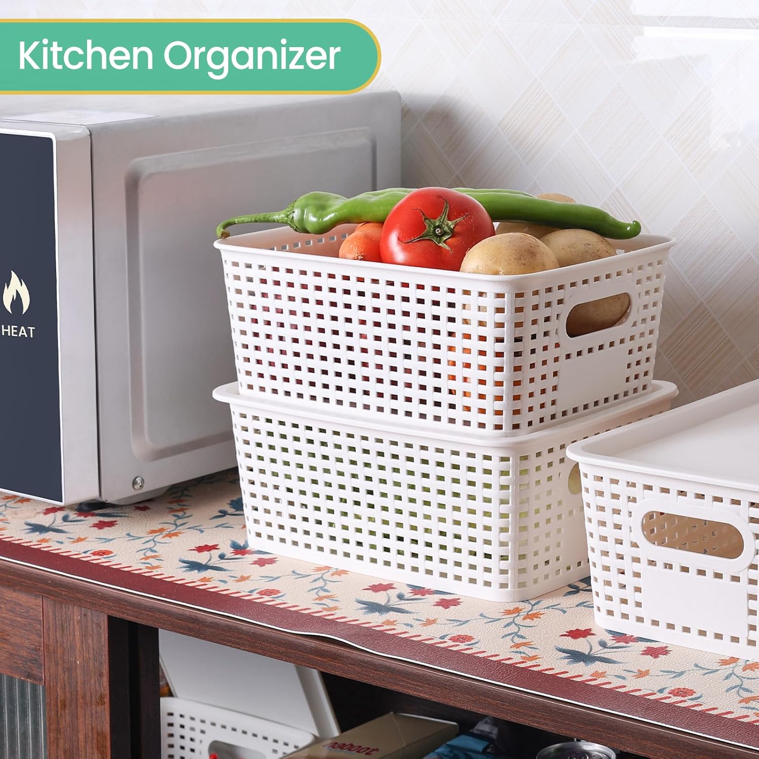Skiennix Plastic Storage Baskets - Stackable Organizing Containers with Lids | 8 Pack - White, 10.2x7.2x4.1 Inch
