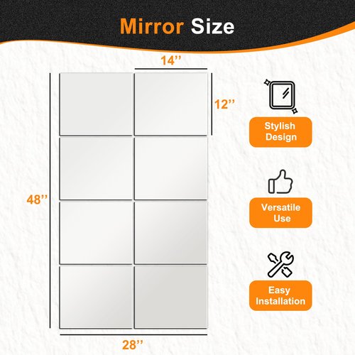 Delma Frameless Mirror Tiles 14"x12"x8 Pcs Wall Mounted, Shatter Resistant Full Length Tempered Glass Panels for Home Gym Bathroom Bedroom & Living Room Decor