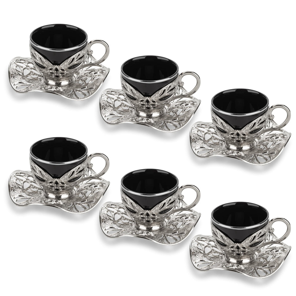 Alisveristime Turkish Coffee Set for Six, 6 Black Porcelain Cups with Gilded Rims, Zamac Holders and Saucers, Two Color Variations: Gold and Silver (Gilded-Design) (Silver)