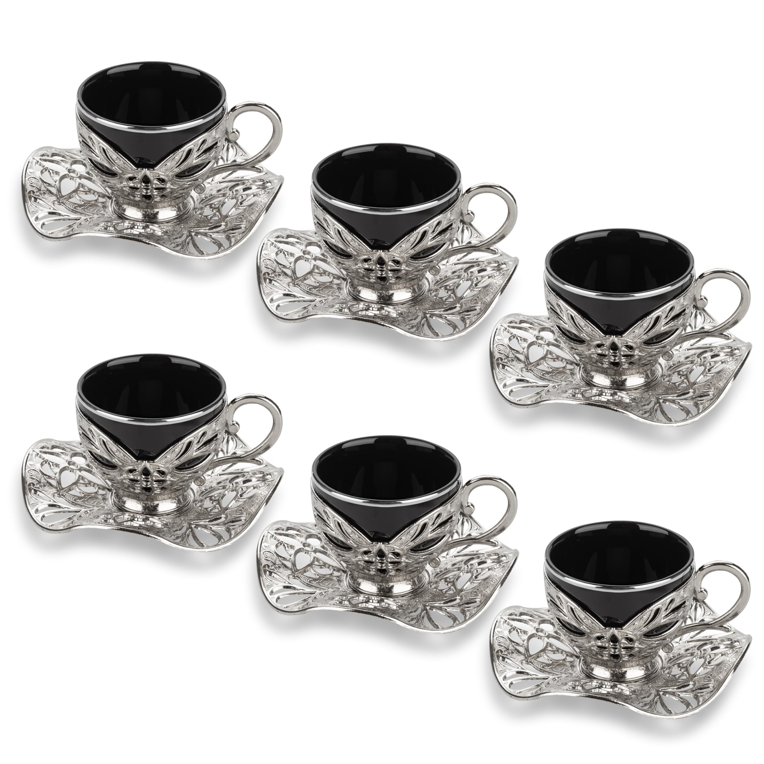 Alisveristime Turkish Coffee Set for Six, 6 Black Porcelain Cups with Gilded Rims, Zamac Holders and Saucers, Two Color Variations: Gold and Silver (Gilded-Design) (Silver)