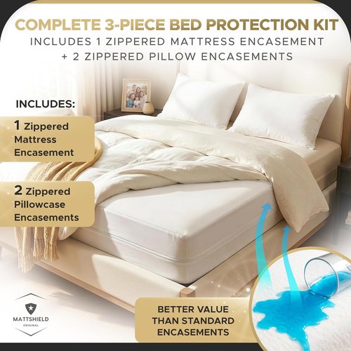 MATTSHIELD Ultimate 3-Piece Bed Bug-Proof Mattress Cover Kit | Queen Size 100% Cotton + 2 Zipper Pillow Protectors