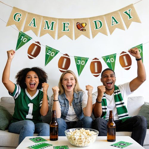 Football Burlap Banner Garland - NO DIY Game Day Banner Pre-Strung Football Birthday Banner Garland Triangle Flags Banners for Football Birthday Party Decorations Indoor and Outdoor