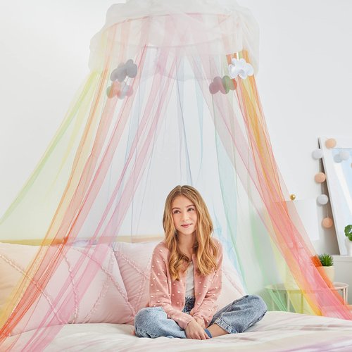 3C4G Rainbow Bright Canopy - Rainbow Bed Canopy for Girls - Hanging Net Canopy for Beds, Chairs & Reading Corners - 8’ Height & 24’ Diameter Hoop - for Ages 6+ by Make It Real