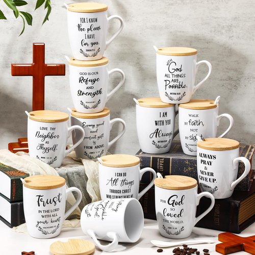 Patelai 12 Set Christian Mugs Bulk 12oz Inspirational Bible Verse Ceramic Coffee Mug with Lid Handle Spoon Religious Gifts for Sunday School Church Men Women Coworker(English)