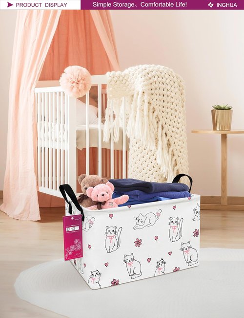 INGHUA Rectangular Storage Basket Fabric Organizer Bin for Toys,Books,Clothes,Gifts,Pets-Perfect for Home,Office,Nursery,Dorm,Shelf(Rec-Love cat )