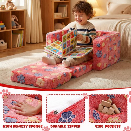 AceOrbit Glow in The Dark 2 in 1 Toddler Couch, Foldable Flip Open Kids Sofa Bed for Playroom, Comfy Thick Plush Chair with Paw Prints for Girls and Boys, Ages 1-3