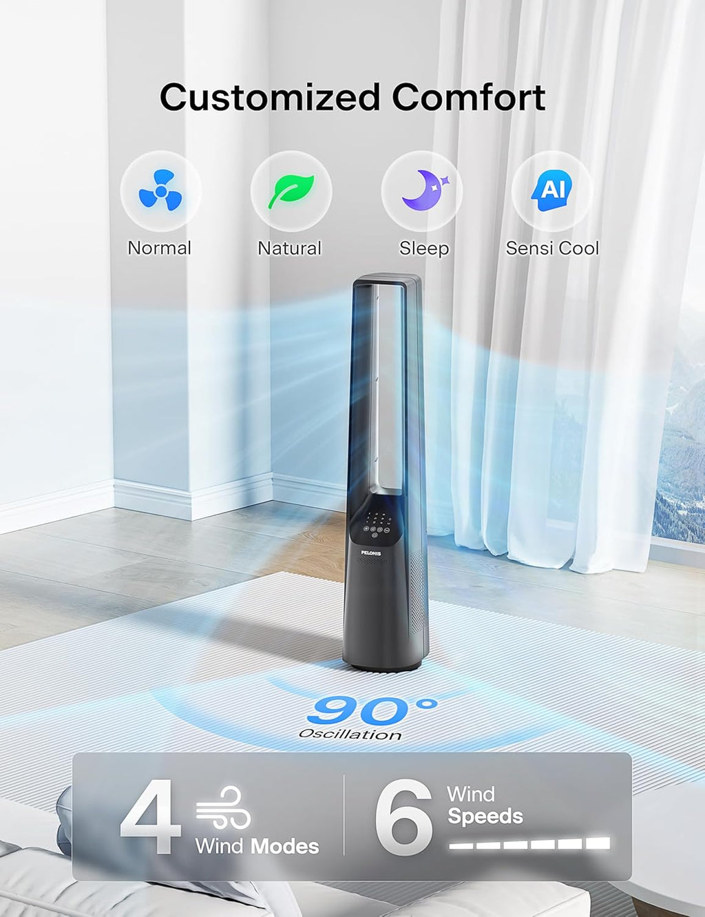 Pelonis Bladeless Tower Fan - Ultra-Quiet 22 dB Motor, 6 Speeds, Remote Control, 90° Oscillation, Safe for Home & Office