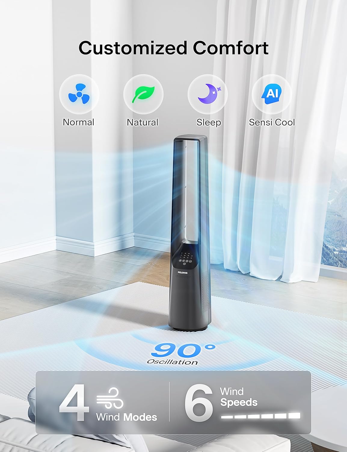 Pelonis Bladeless Tower Fan - Ultra-Quiet 22 dB Motor, 6 Speeds, Remote Control, 90° Oscillation, Safe for Home & Office