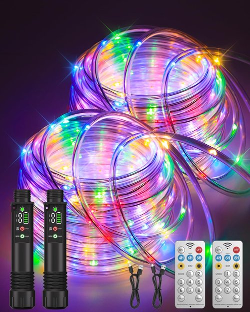 Rope Lights, Rechargeable 79FT 240LED Outdoor Waterproof String Lights with 1200mah Portable Rechargeable Battery, Timing & 8 Modes for Party Christmas Camping DIY Tree trampoline - Multicolor 2 Pack