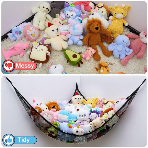 FIOBEE Stuffed Animals Net or Hammock Toy Storage Organizer Toy Hammock Net Bedroom Decor Hanging Storage with Hooks for Girl Kids Playroom Nursery, Black