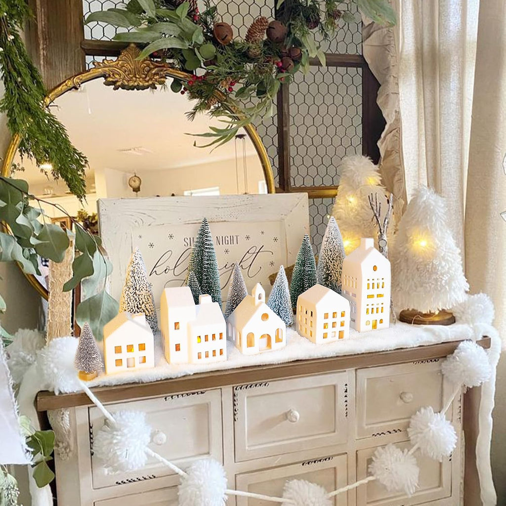 Skiennix Christmas Village Set - 5 Lighted Ceramic Houses with Remote Control & 9 Trees | Rustic Indoor Holiday Decor