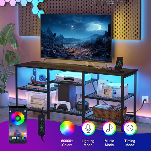 YGEOMER TV Stand for TVs Up to 55 Inches, Entertainment Center with Power Outlet and LED Lights Open Storage Shelves, TV Media Console Table for Living Room and Bedroom, Black
