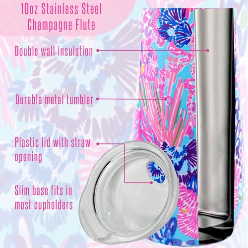 Lilly Pulitzer 10 Oz Stemless Champagne Flute, Small Stainless Steel Tumbler with Lid, Double Wall Insulated Metal Cup, Splendor in the Sand
