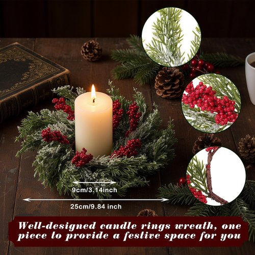 Cinnvoice Christmas Candle Rings - 8 Pcs Artificial Garland with Red Berries for Home Decor | Table Centerpiece